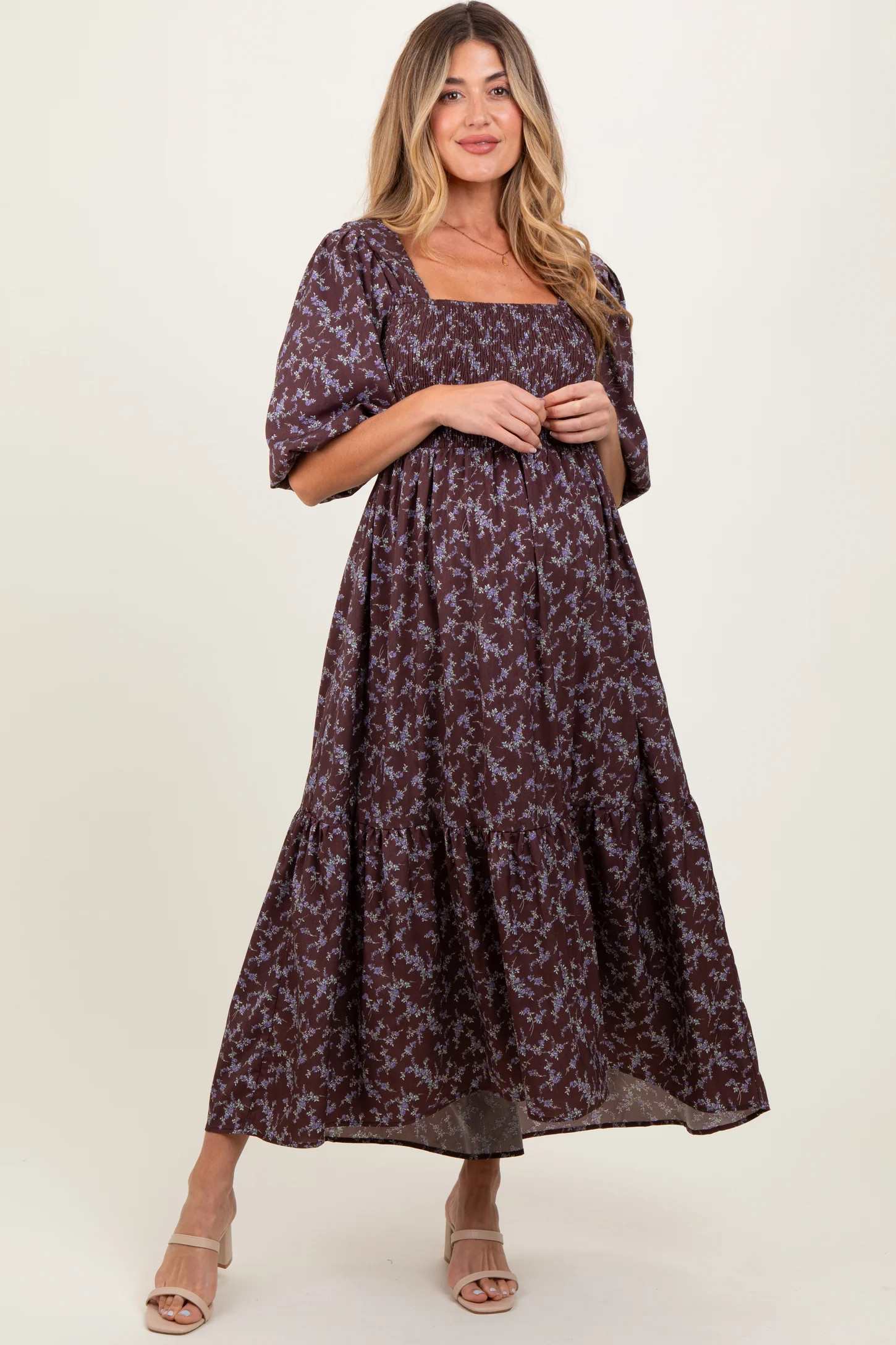 Plum Floral Smocked Hi-Low Puff Sleeve Maternity Maxi Dress | PinkBlush Maternity