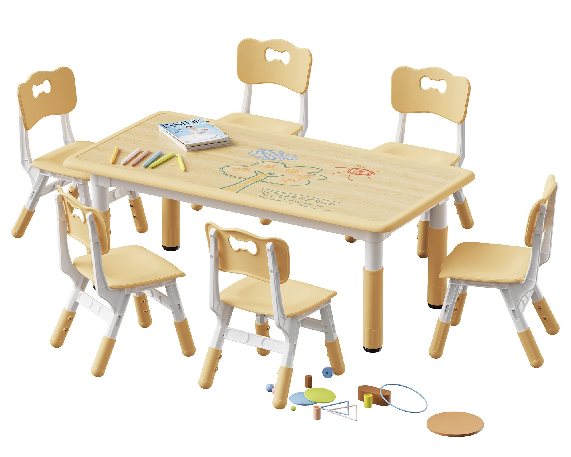 Brelley Kids Table and 6 Chairs Set, Height Adjustable Toddler Desk and Chair Set, Graffiti Deskt... | Amazon (US)