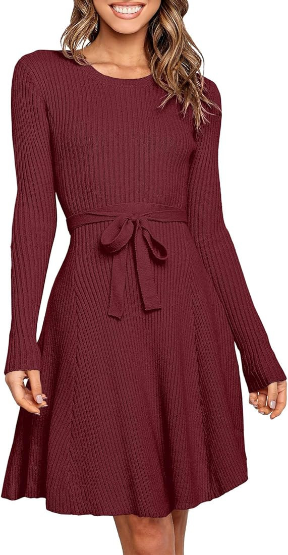 Caracilia Women's Long Sleeve Sweater Dress Crew Neck A-Line Swing Slim Fit Ribbed Knit Short Dre... | Amazon (US)