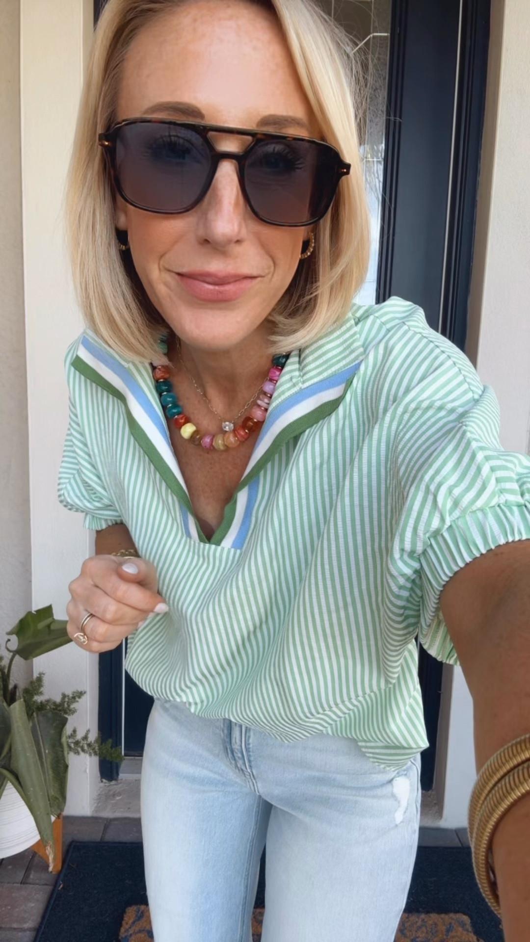 My after noon bus stop ootd:
• striped top - size small (oversized).
• jeans - size 0, but I cut the bottoms off & on sale!
• sandals - tts. 

#LTKSeasonal #LTKOver40 #LTKSaleAlert