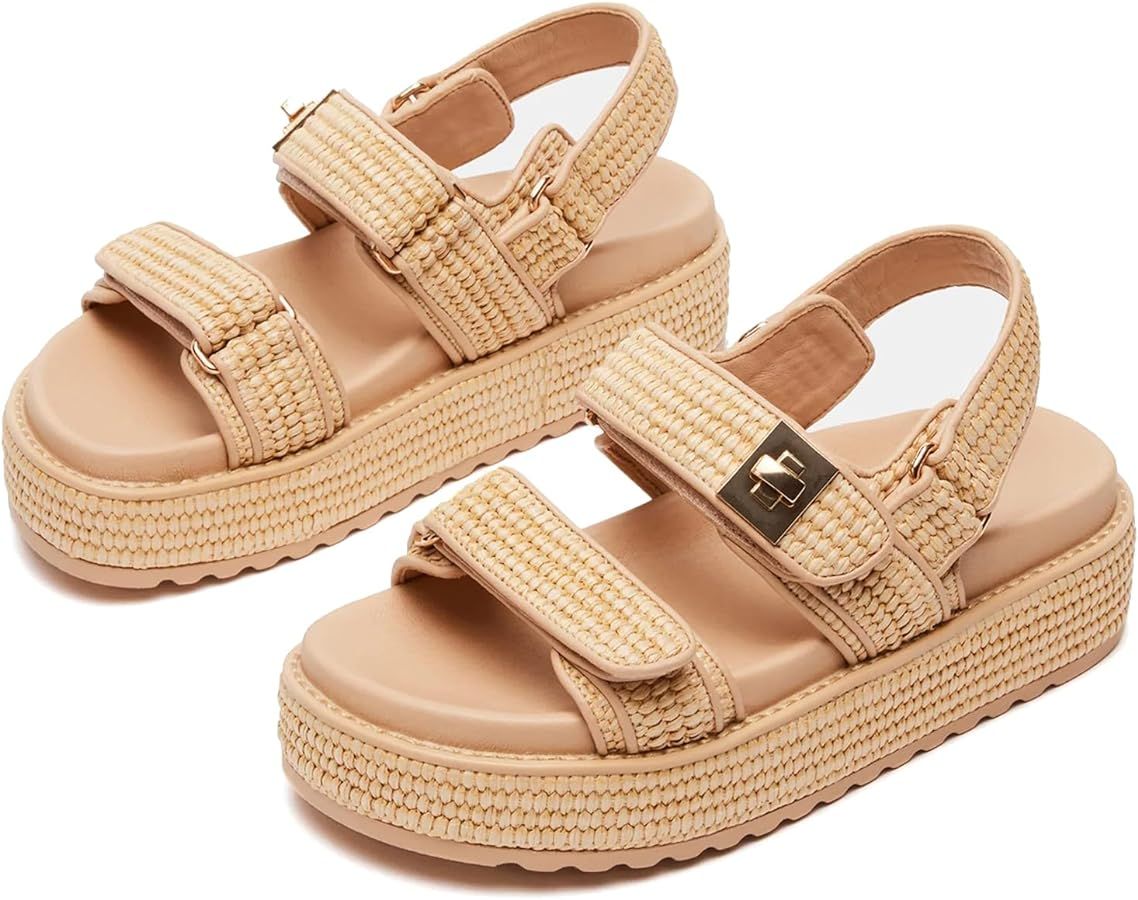 Raffia Platform Wedge Sandals for Women Comfortable Summer Beach Sandals Open Toe Slingback Platf... | Amazon (US)