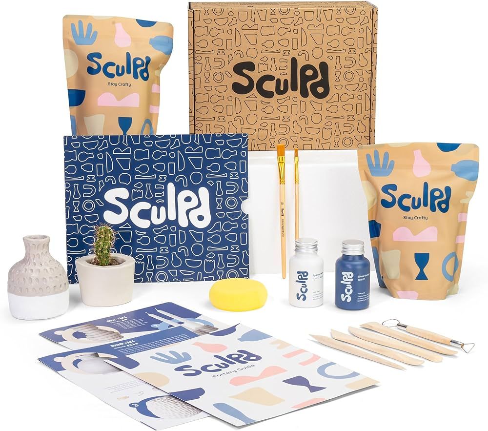 Sculpd Pottery Kit, Air Dry Clay Starter Kit for Beginners with Matte Varnish, Pottery Kit for Tw... | Amazon (US)