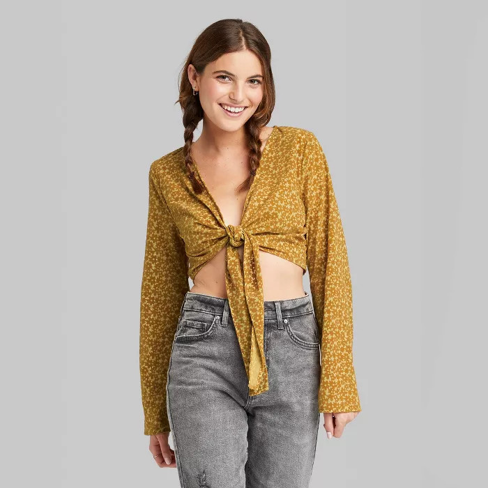 Women's Bell Long Sleeve Tie-Front Blouse - Wild Fable™ Mustard Yellow Floral S | Target