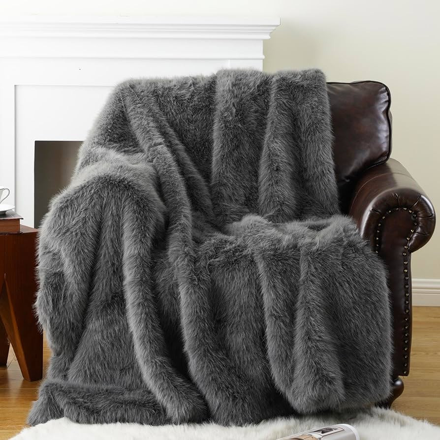 BATTILO HOME Luxury Fluffy Grey Faux Fur Throw Blanket, Cozy Warm Fur Blanket for Couch, Sofa, Ch... | Amazon (US)