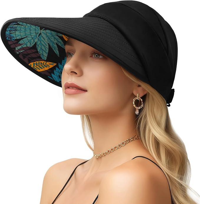 Sun Hats for Women, Wide Brim Beach Hats UV Protection, Packable Visor Ponytail Sunhat for Summer | Amazon (US)