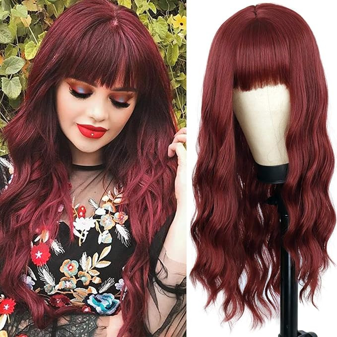 MERISIHAIR Long Dark Red Wigs for Women, Synthetic Long Red Wig with Bangs, Narutal Wavy Red Wigs... | Amazon (US)