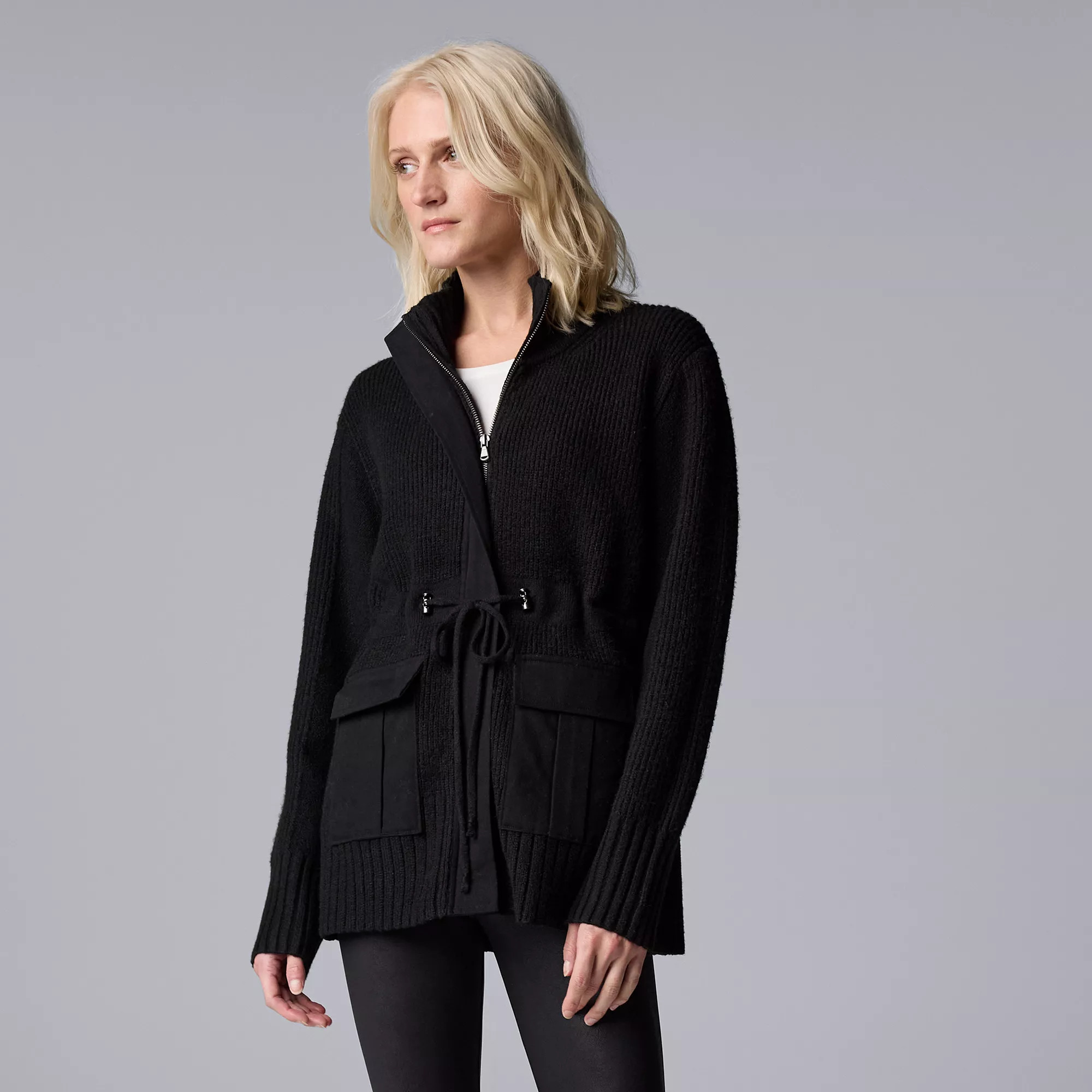 Petite Simply Vera Vera Wang Zip Front Drawcord Cardigan | Kohl's