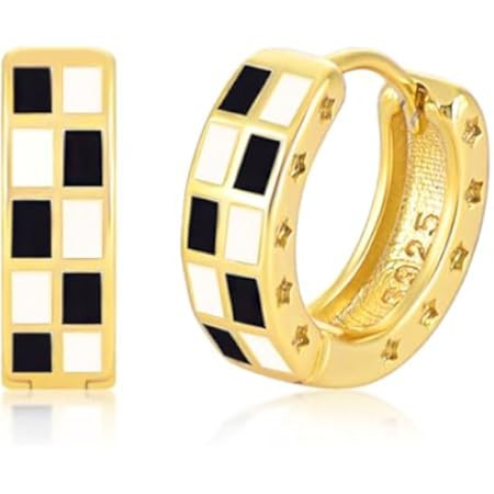 Fashion Checker Chunky Oval Hoop Earrings for Women Girls Dainty 925 Sterling Silver Post 14K Gold Plated Huggie Hoops White Black Enamel Minimalist Hooped Hypoallergenic Gift Her Christmas | Amazon (US)