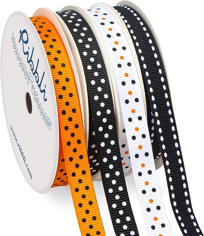 Ribbli 4 Rolls Halloween Ribbon,Halloween Polka Dots and Stitch Grosgrain Ribbon for Crafts, Gift... | Amazon (US)
