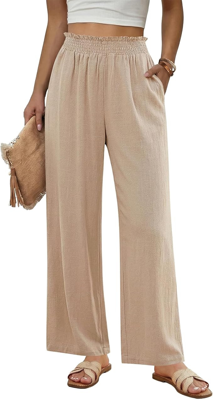 GRAPENT Linen Pants for Women Wide Leg High Waisted Paper Bag Smocked Waist Casual Summer Beach V... | Amazon (US)