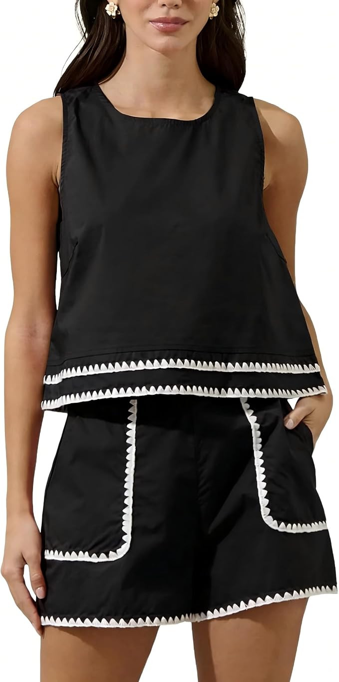 VAOYIU Women Summer 2 Piece Outfits Set Casual Sleeveless Crew Neck Tank Top and Shorts Sets Cont... | Amazon (US)