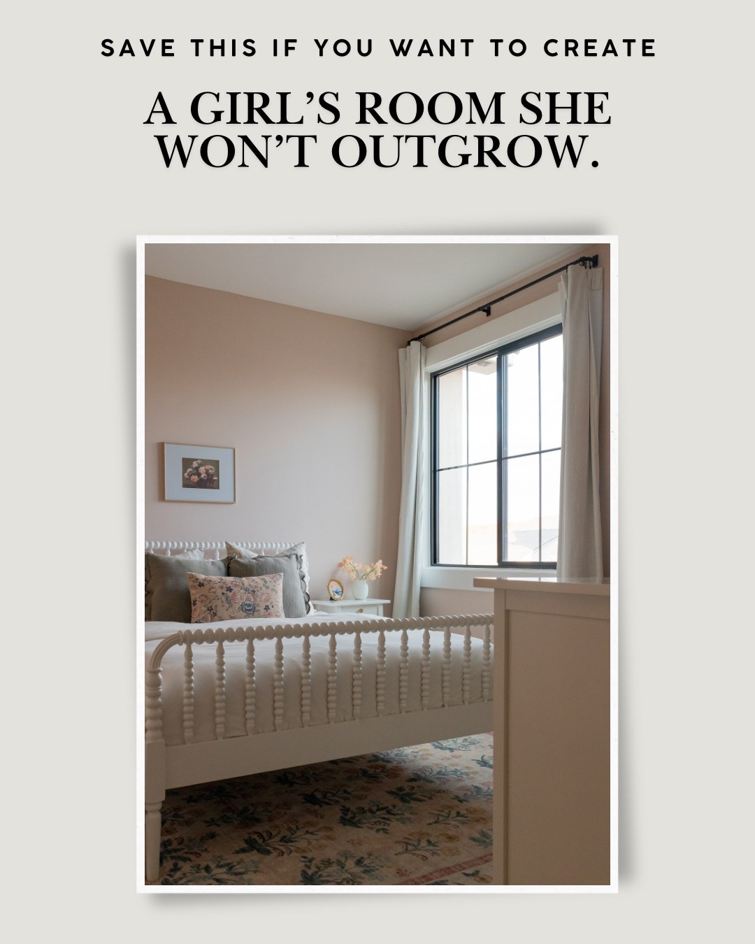 A little girl’s bedroom she won’t outgrow. 🎀🤍

Soft pink walls, vintage-inspired floral bedding, ruffles, warm woven textures, and classic white furniture came together to create the sweetest timeless girls bedroom.

I love mixing patterns and textures to make a kids room feel collected, cozy, and elevated without spending a fortune.

Save this for your next girls bedroom makeover & send it to a mama looking for pink bedroom inspiration! 🤍

#GirlsBedroom #GirlsBedroomIdeas #PinkBedroom #KidsRoomDecor #GirlsRoomInspo