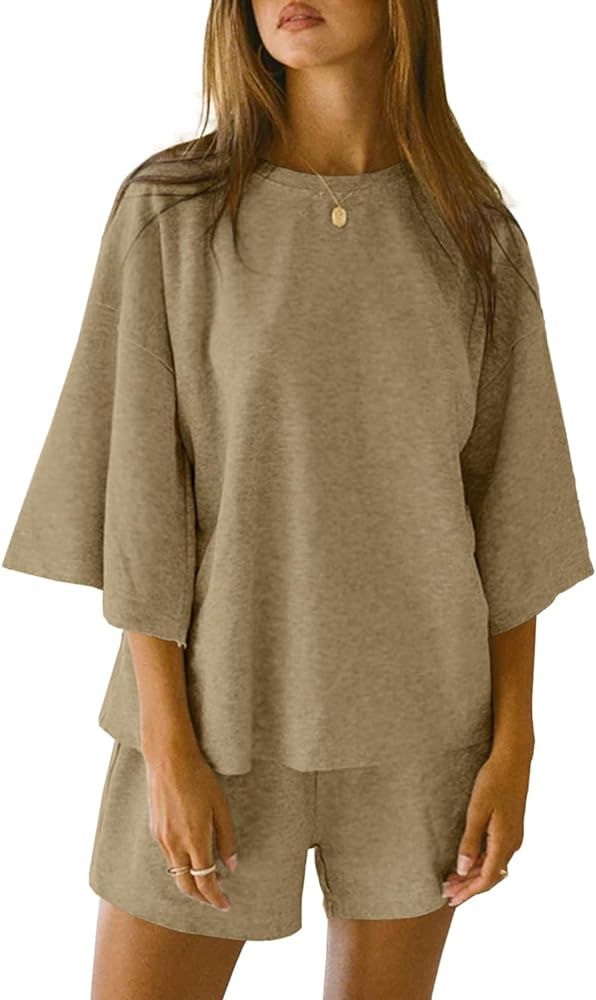 Tankaneo Womens 2 Piece Outfits 3/4 Sleeve Tops and Elastic Waist Shorts Lounge Sets Loungewear | Amazon (US)