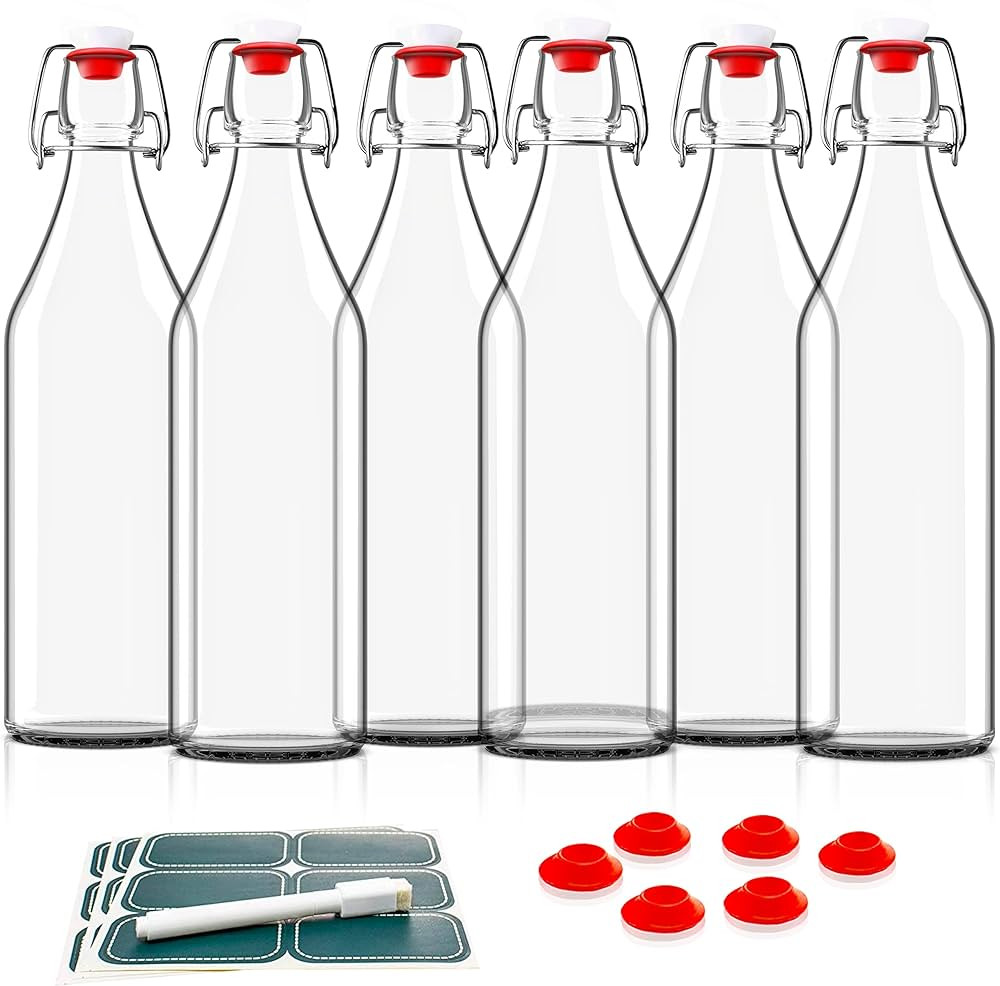 Otis Classic Swing Top Glass Bottles - Set of 6, 16oz w/Marker & Labels - Clear Bottle with Caps ... | Amazon (US)