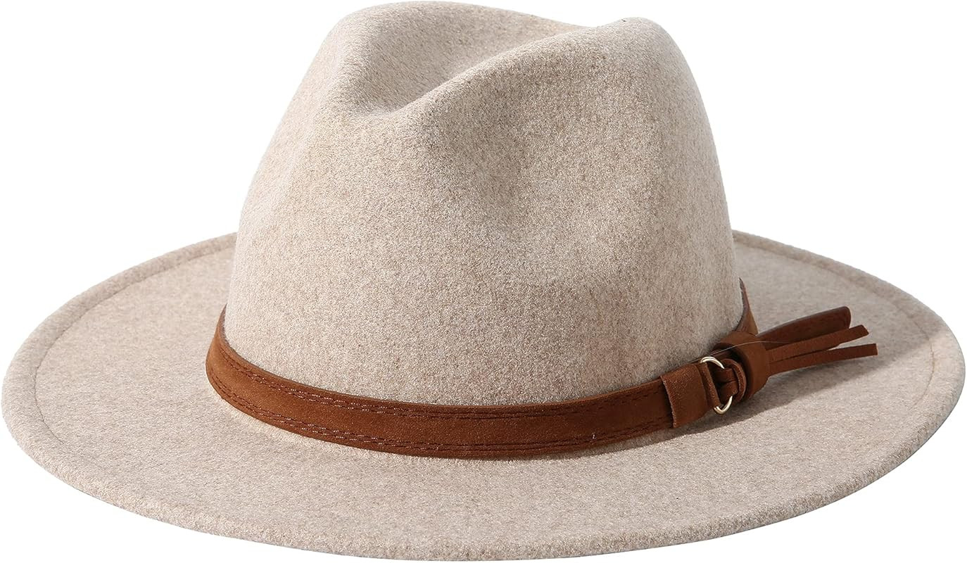 Lanzom Women Lady Felt Fedora Hat Wide Brim Wool Panama Hats with Band | Amazon (US)