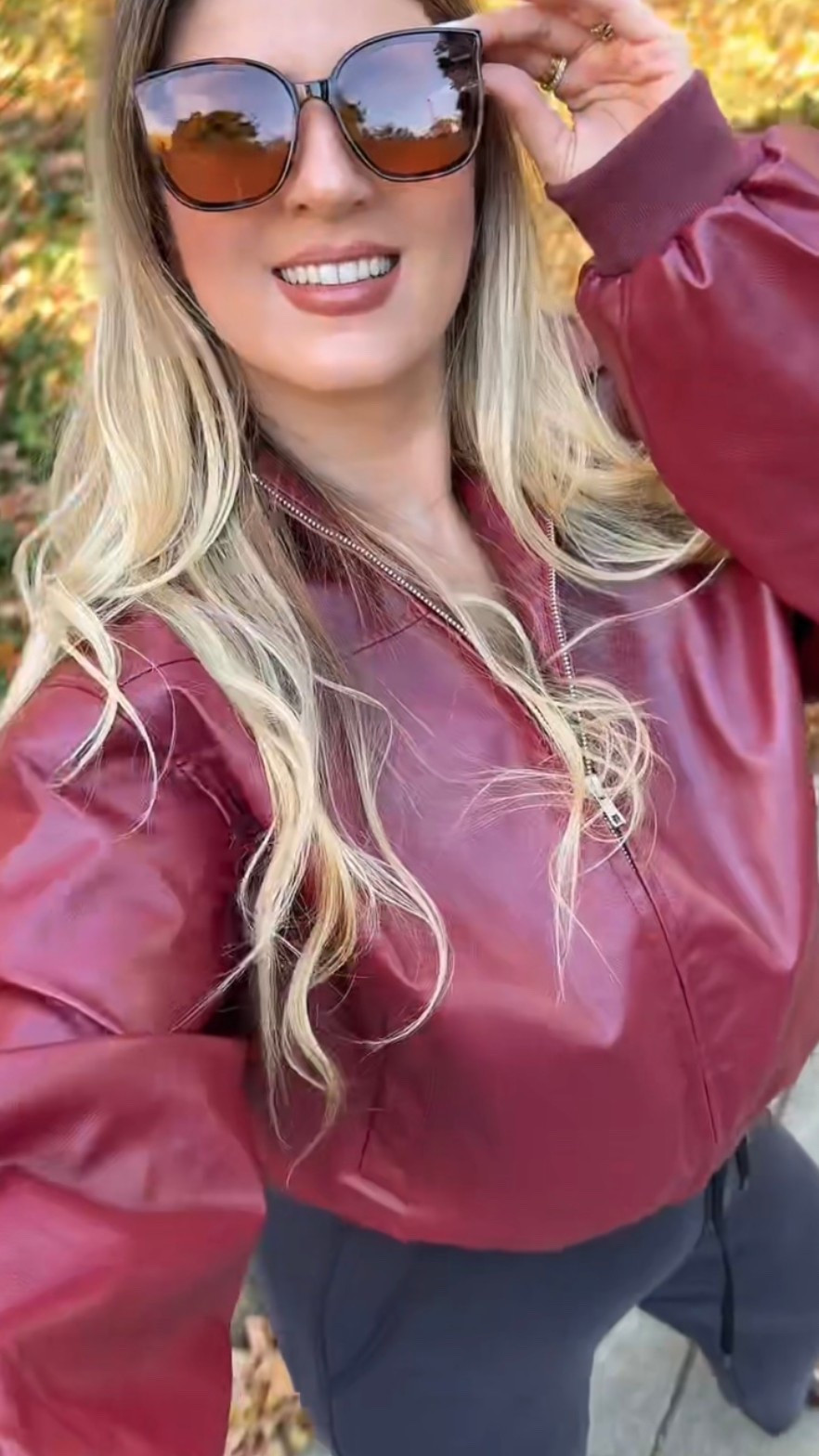 Burgundy leather bomber jacket . Foldable sunglasses. Moms sunglasses, dad’s sunglasses and baby’s sunglasses. 

#LTKgrwm #LTKmomlife #LTKootd