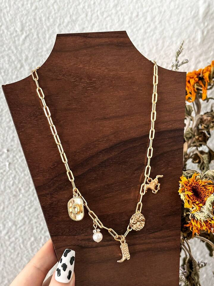 1pc Vintage Western Cowboy Boot Hat Horse And Faux Pearl Pendant Necklace For Women | SHEIN