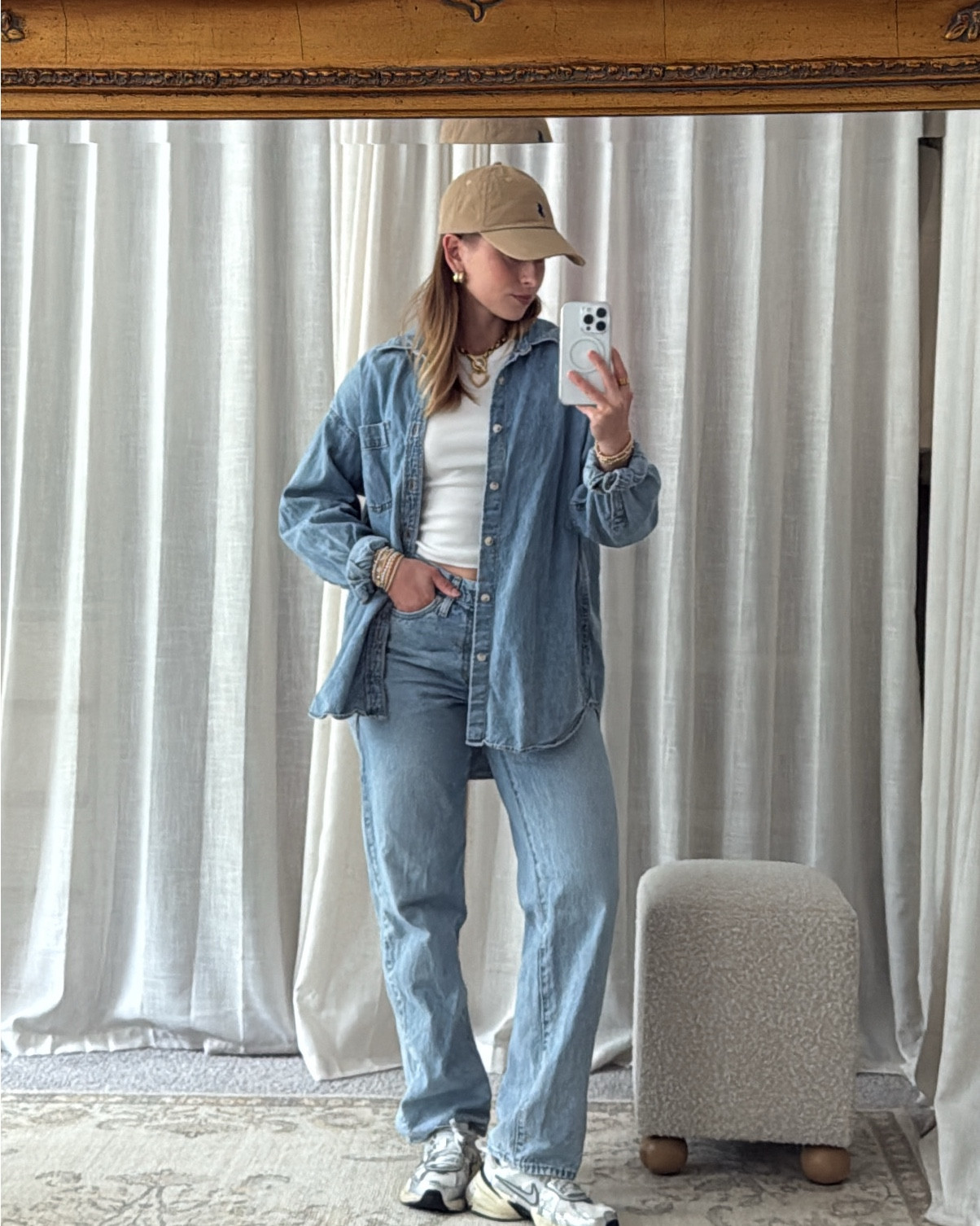5/14/25 casual rainy day outfit 🫶🏼 nike sneakers, casual rainy day outfit, levis baggy jeans, oversized denim outfit, aritzia denim shirt, white tank top, layered basics, spring casual look, rainy day fashion, comfy chic outfit, polo baseball cap, laid-back style, denim on denim outfit, classic everyday outfit, relaxed streetwear style, neutral toned outfit, cozy outfit for errands, rainy day outfit inspo, weekend style staples, cool girl casual look