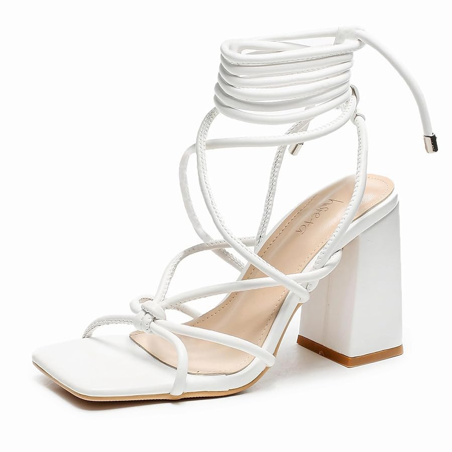 Womens Strappy Heels Lace Up Chunky Heel Sandals, Cute Block Heel Wrap Sandals for Women Dressy S... | Amazon (US)