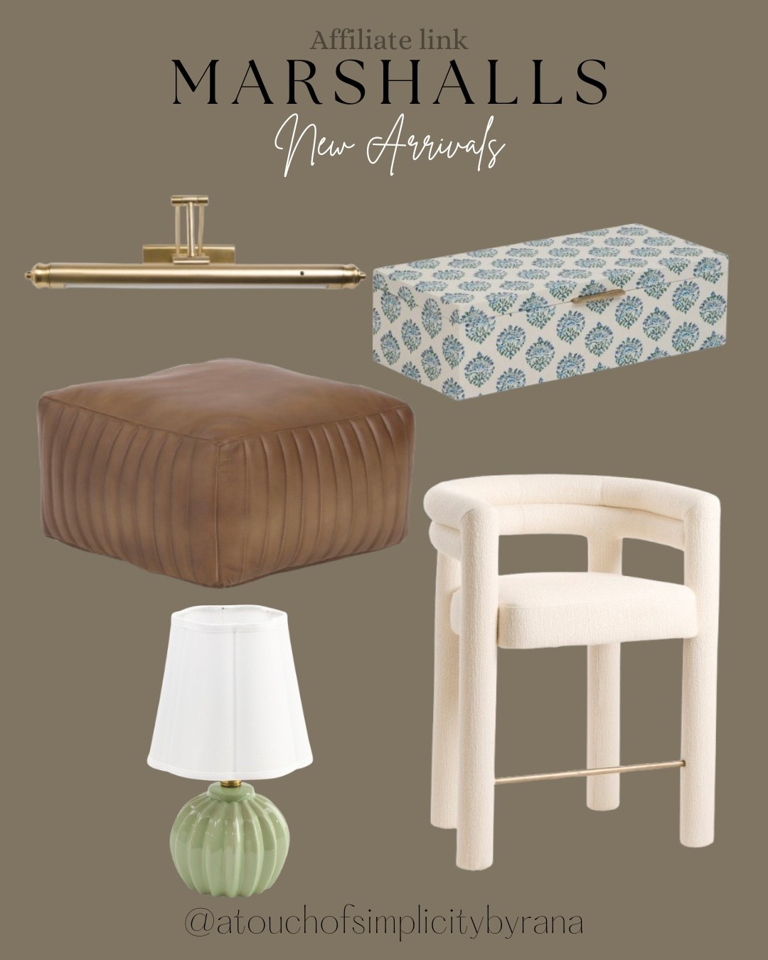 Beautiful new arrivals @Marshalls ! From furniture to home decor at great prices! 

Upholstered , counter stool, kitchen finds. Four hands, pouf, seating, furniture finds, Marshalls finds, affordable home decor, rechargeable, led picture light, brass, accent, table lamp, block print, line wrapped box, decorative box 

#LTKHome #LTKSeasonal