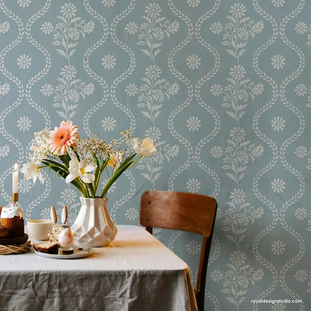 Floral Embroidery Stencil for Walls | Summer Field Stripe for Stenciling Wallpaper Look | Cottage... | Etsy (US)