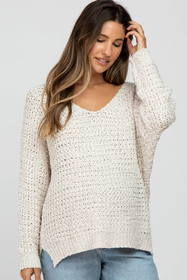 Ivory V-Neck Side Slit Thick Knit Maternity Sweater | PinkBlush Maternity