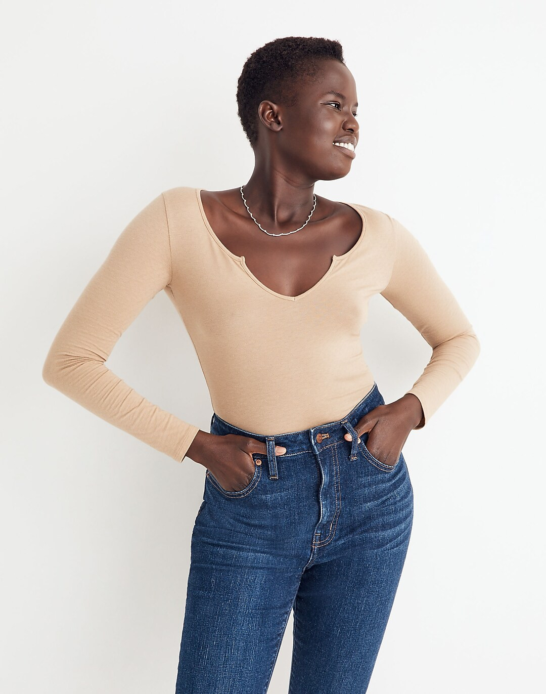Pointelle Split-Neck Long-Sleeve Thong Bodysuit | Madewell
