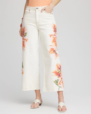 Women's Petite Floral High-Rise Wide-Leg Cropped Jeans in White | Chico's | Chico's