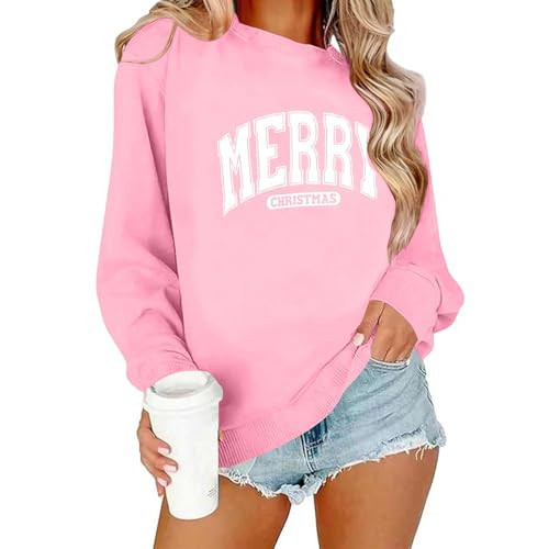Christmas Sweatshirts For Women Merry Xmas Letter Printed Sweatshirt Long Sleeve Holiday Outfits Pink christmas sweater for women M | Amazon (US)
