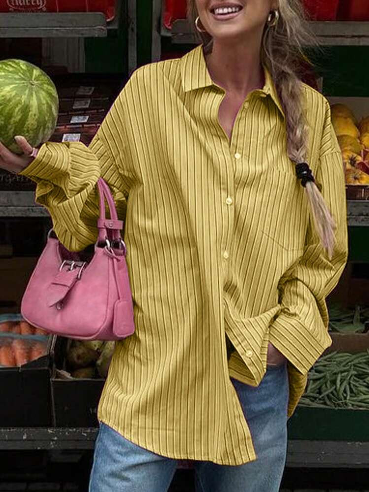 INAWLY Women Solid Color Front Button Pocket Casual Long Sleeve Shirt | SHEIN