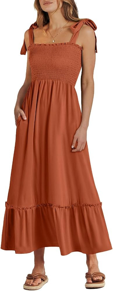 ANRABESS Women's 2024 Summer Casual Spaghetti Strap Square Neck Smocked Flowy A Line Beach Long M... | Amazon (US)