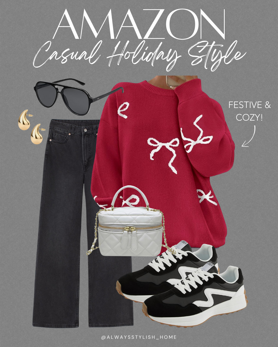 amazon casual holiday style, casual holiday sweater, holiday outfit with black jeans, cozy sweater for the holidays, bow sweater, amazon fashion 

 #LTKHoliday #LTKootd #LTKFindsUnder50
