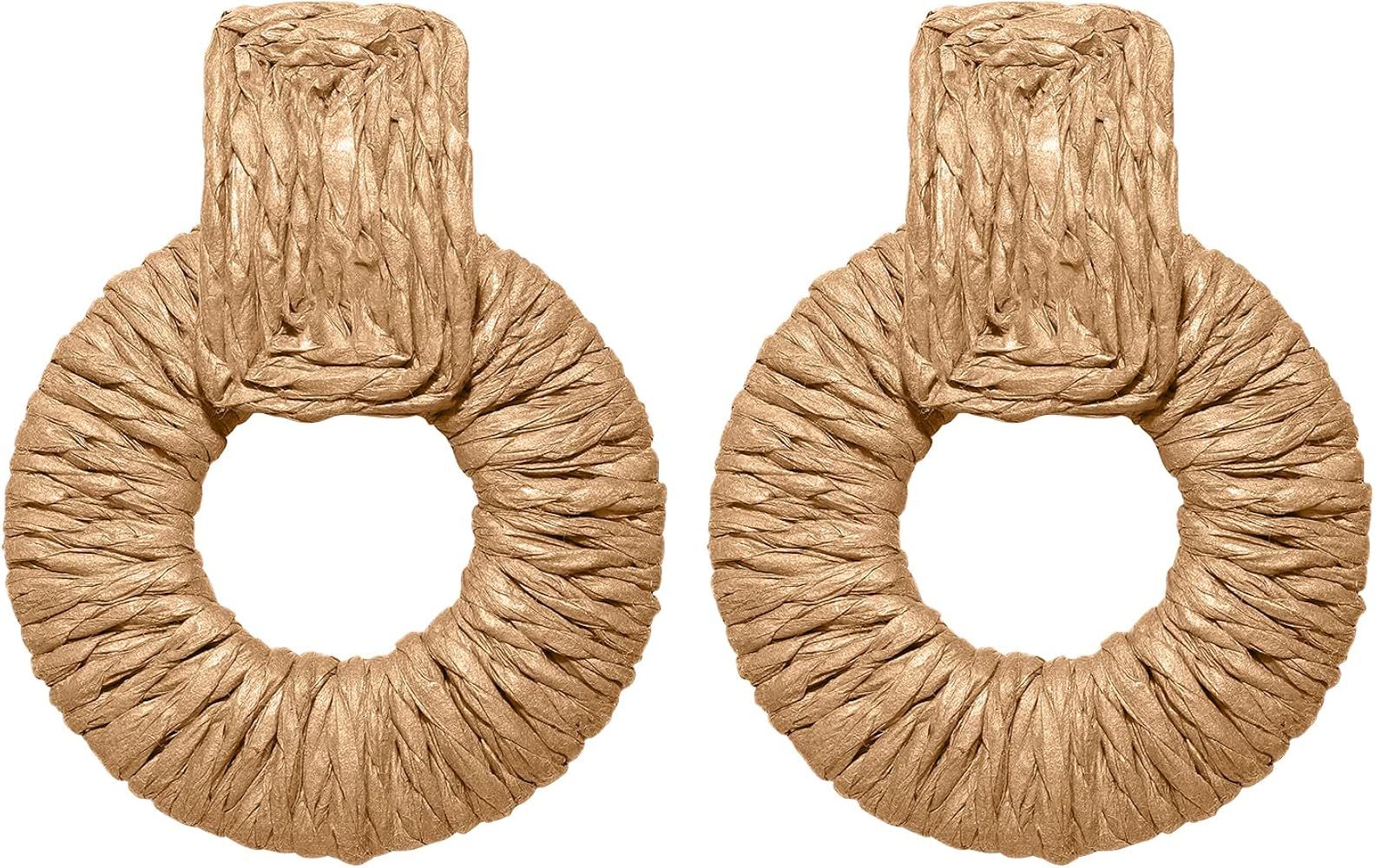 ELEARD Rattan Earrings for Women Handmade Straw Raffia Woven Hoop Dangle Earrings Boho Summer Bea... | Amazon (US)