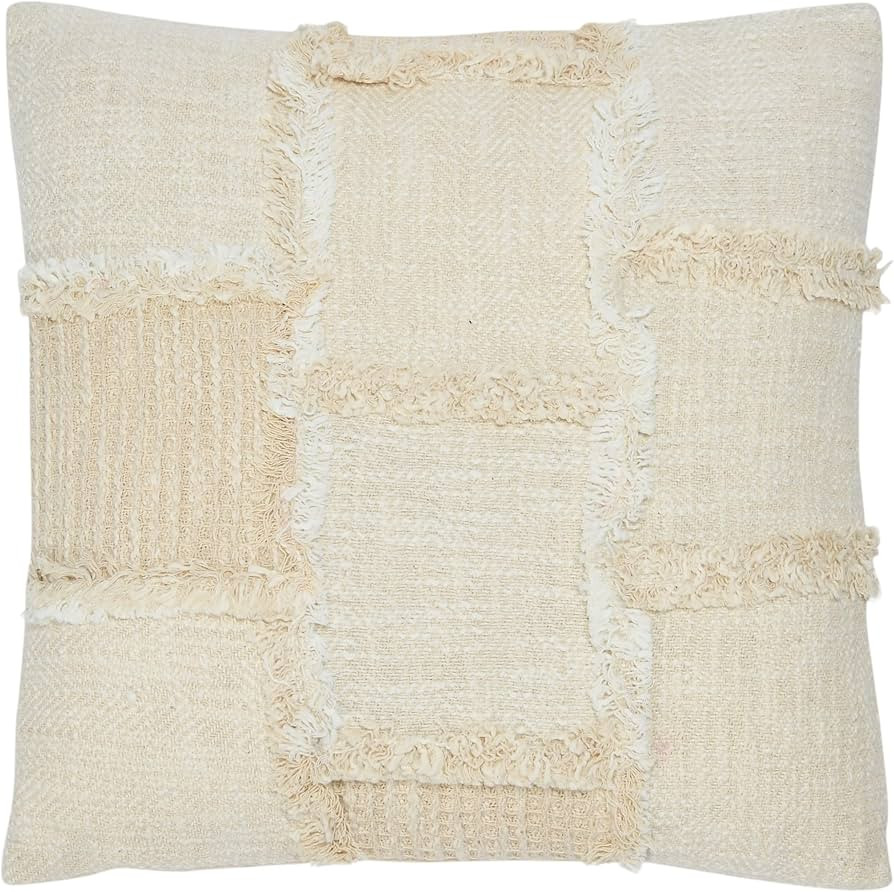 Creative Co-Op Woven Cotton and Wool Patchwork Frayed Edges Pillow, 18" L x 18" W x 2" H, Cream | Amazon (US)