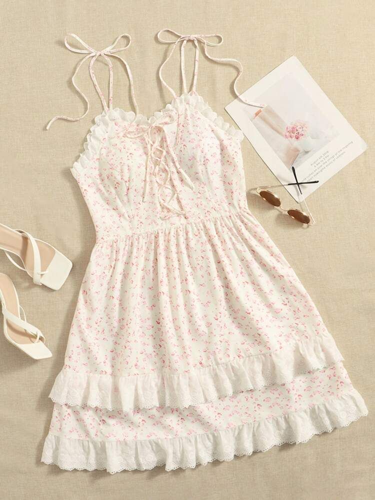 Plus Ditsy Floral Print Eyelet Embroidery Trim Lace Up Front Dress | SHEIN