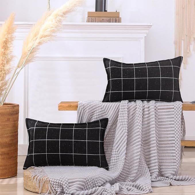 Black Boho Plaid Lumbar Pillow Covers 12x20 Set of 2, Black and White Woven Checkered Decorative ... | Amazon (US)