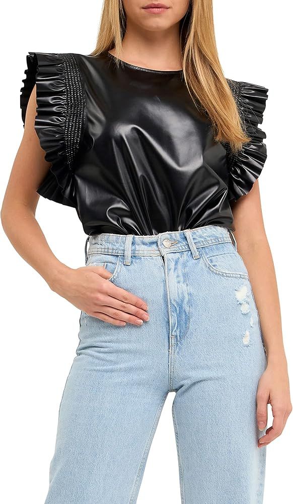 English Factory Women's PU Leather Ruffle Detail Top | Amazon (US)