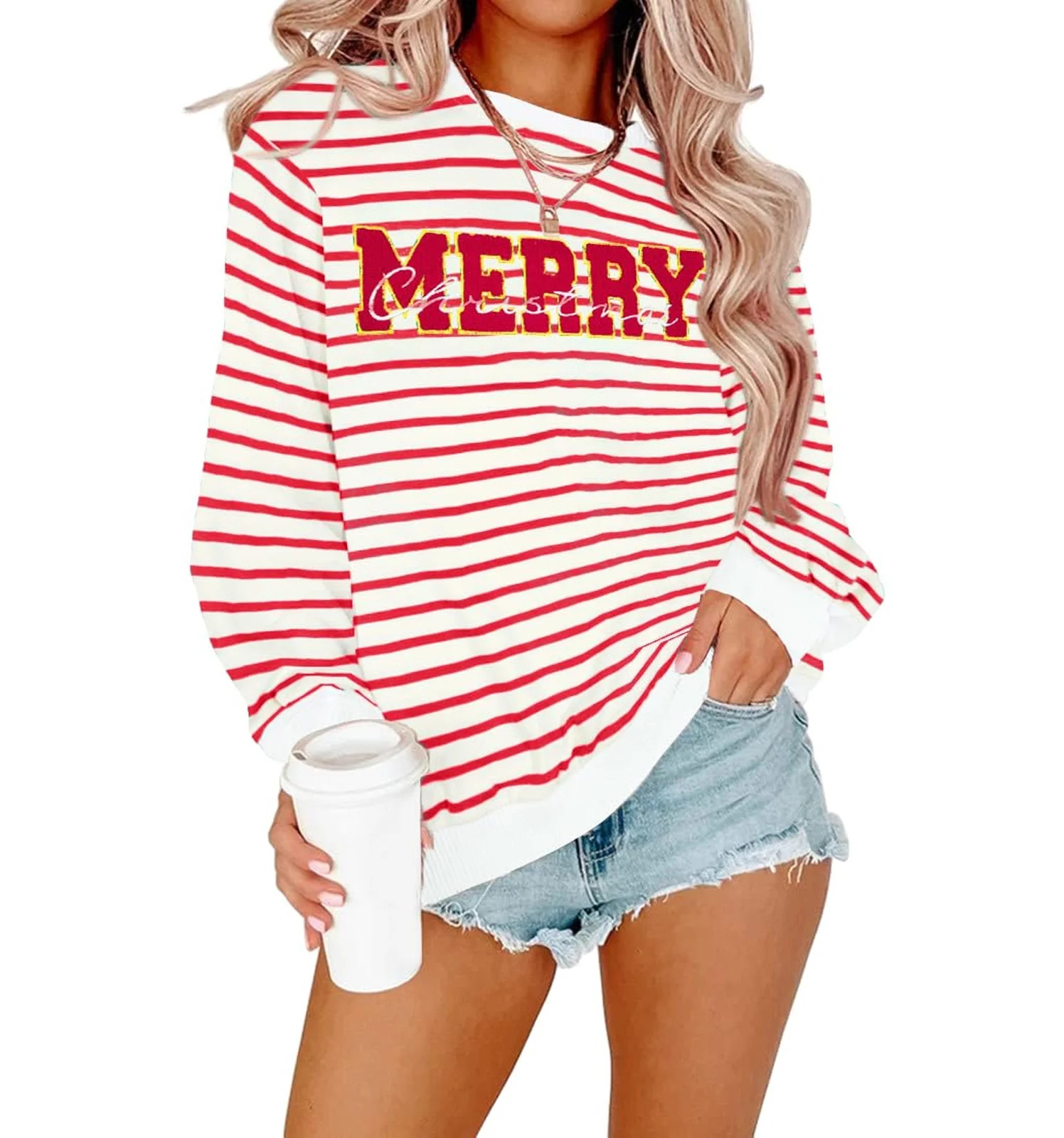 VILOVE Women Christmas Sweatshirt Striped Glitter Patch Merry Christmas Letter Print Sweater Embr... | Walmart (US)