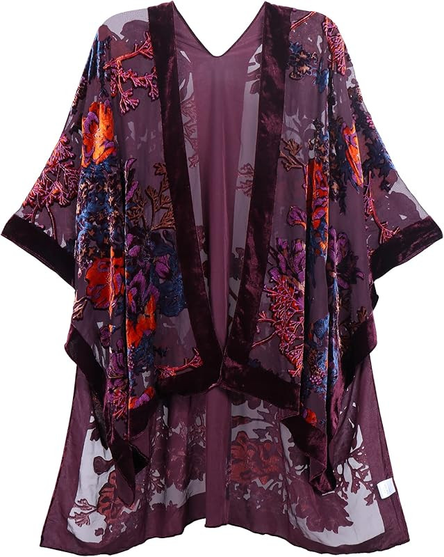 Women's Burnout Velvet Kimono Long Cardigan Cover Up Without Tassel | Amazon (US)