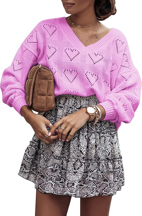 Theenkoln Women's Casual Sweaters Off Shoulder Solid Sexy V-Neck Crochet Knitted Pullover Batwing... | Amazon (US)