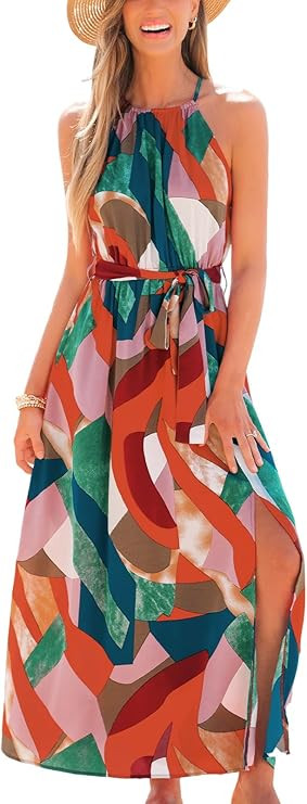 CUPSHE Women's Printed Halter Neck Sleeveless Waist Tie Maxi Dress Summer Flowy Long Dress | Amazon (US)