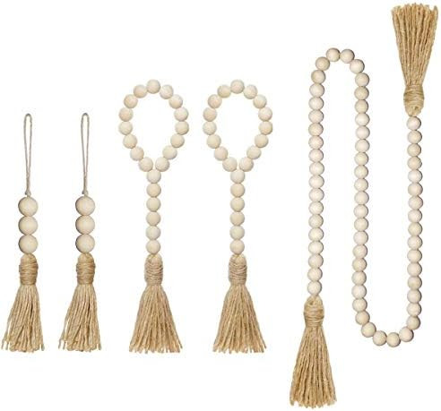 5 Packs Wood Bead Garland with Tassels Farmhouse Beads Rustic Country Decor Prayer Beads Wall Han... | Amazon (US)