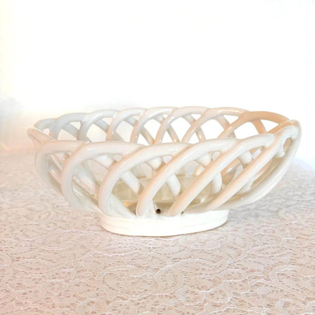 Vintage White Ceramic Open Lattice Bowl, Sculptural Centerpiece, MCM Fruit Bowl | Etsy (US)