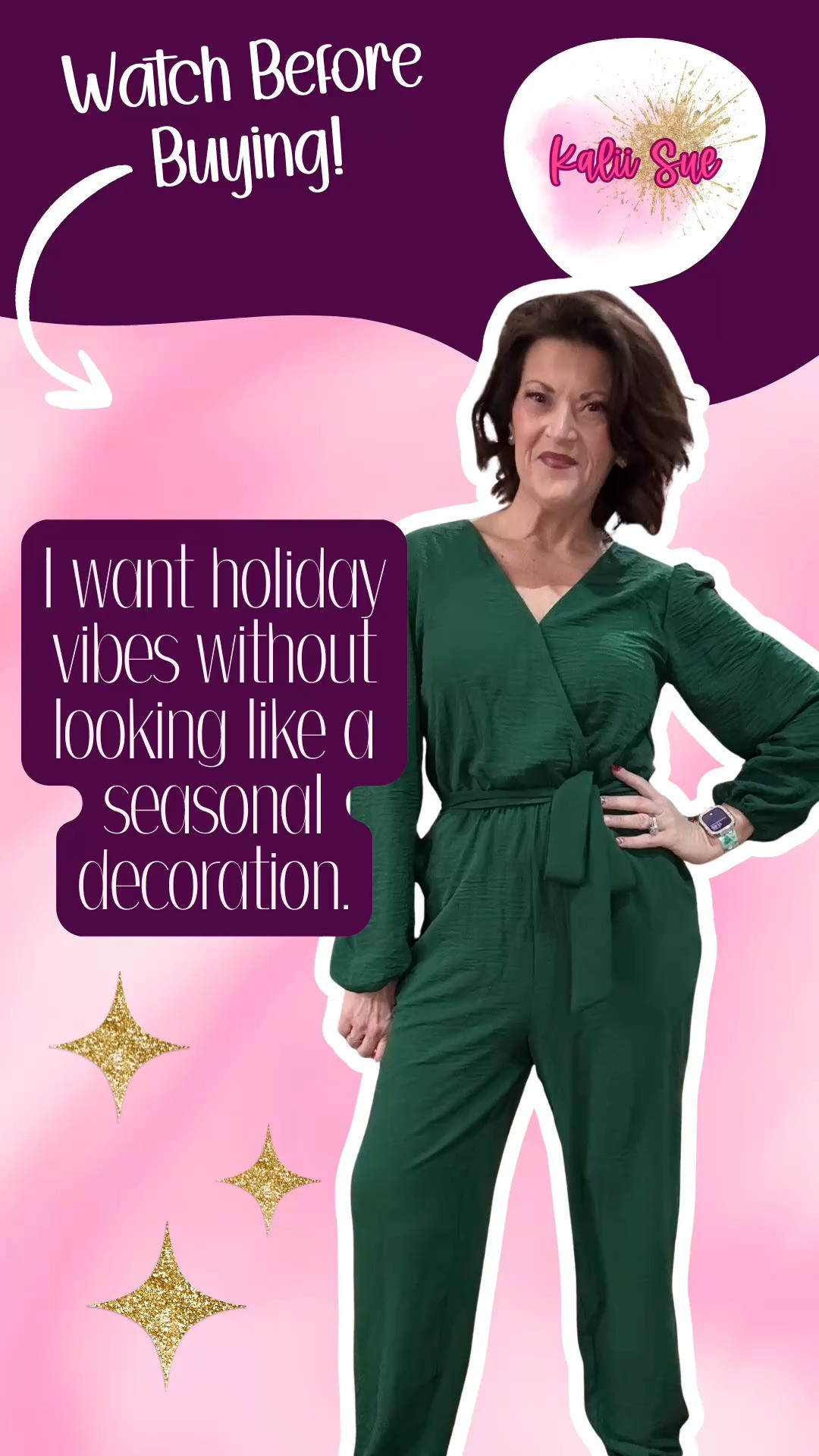 Here’s the thing — I don’t want clothes that live in my closet waiting for a “special occasion.” I want pieces that show up for my real life. This emerald green jumpsuit does exactly that. Yes, it’s perfect for holiday parties — the color alone handles that — but what I love is that it doesn’t feel locked into one season or one moment.

It’s comfortable, flattering, and requires zero outfit math. The wrap-style neckline, defined waist, and flowy legs make it feel intentional without being stiff, and the fact that it’s a one-piece means I don’t have to overthink anything. I can dress it up, dress it down, and wear it again without feeling like I’m repeating a “holiday look.”

This is the kind of outfit I want more of — something that works when I need to look put together, but still feels like me. Not trendy. Not costume-y. Just easy, confident, and wearable year-round. 

 