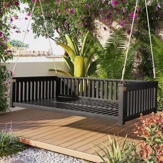 Twin Size Swing Bed 2-Person Black Wood Porch Swing with Ropes and Safe Sloped Design | The Home Depot