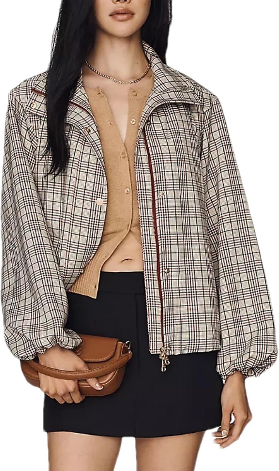 Women's Plaid Funnel Neck Jacket Zip Up Drawstring Hem Windbreaker Coat | Amazon (US)