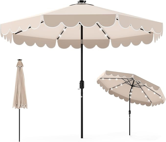 Tangkula 9 FT Solar Patio Umbrella, 2-Tiers Scalloped Outdoor Table Market Umbrella with 32 LED L... | Amazon (US)