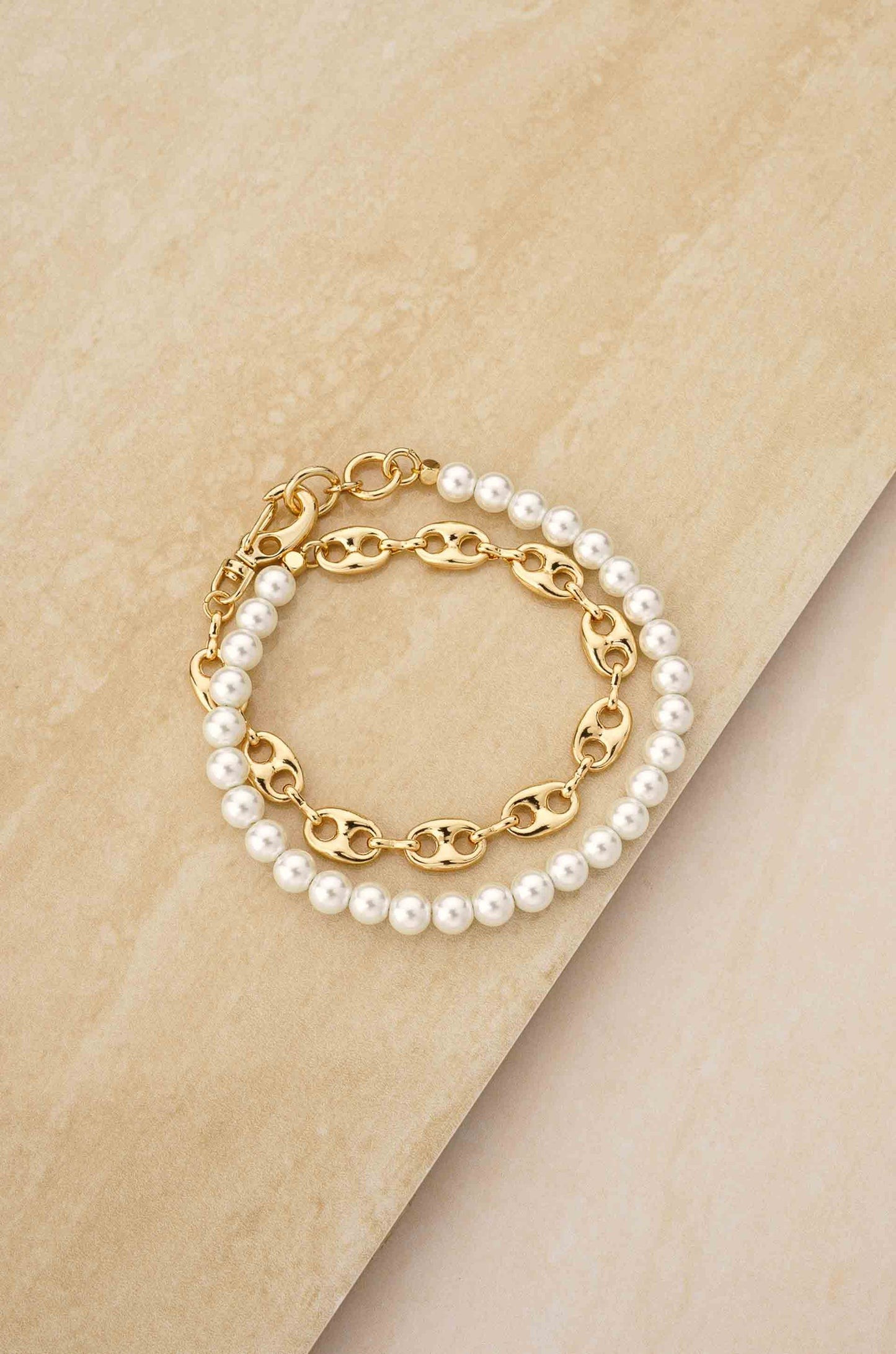 Pearl and 18k Gold Plated Modern Chain Link Wrap Bracelet | Ettika
