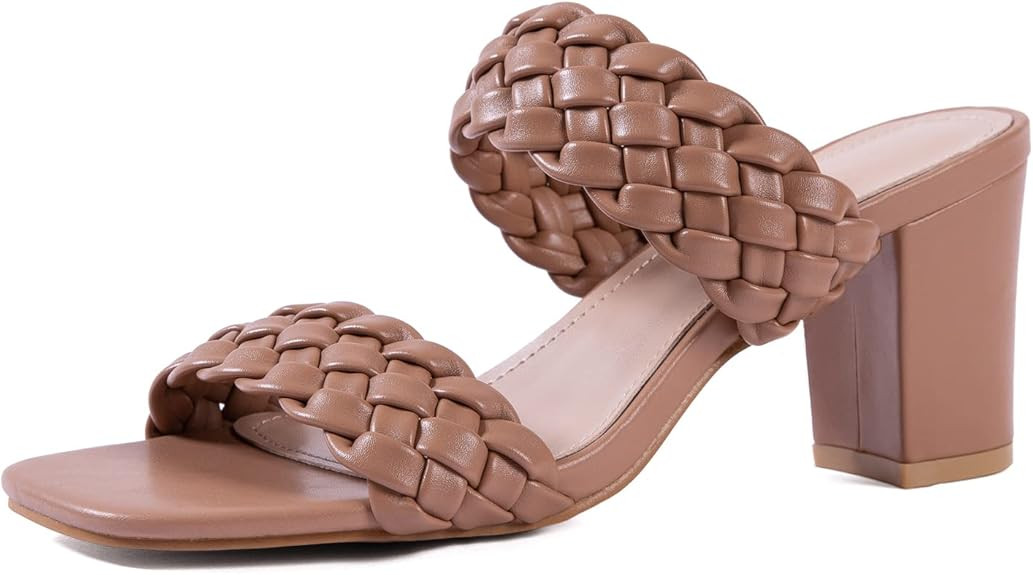 N.N.G Women Heels Sandals Woven Chunky Heels Braided Nude Square Toes Leather Comfortable Strappy... | Amazon (US)