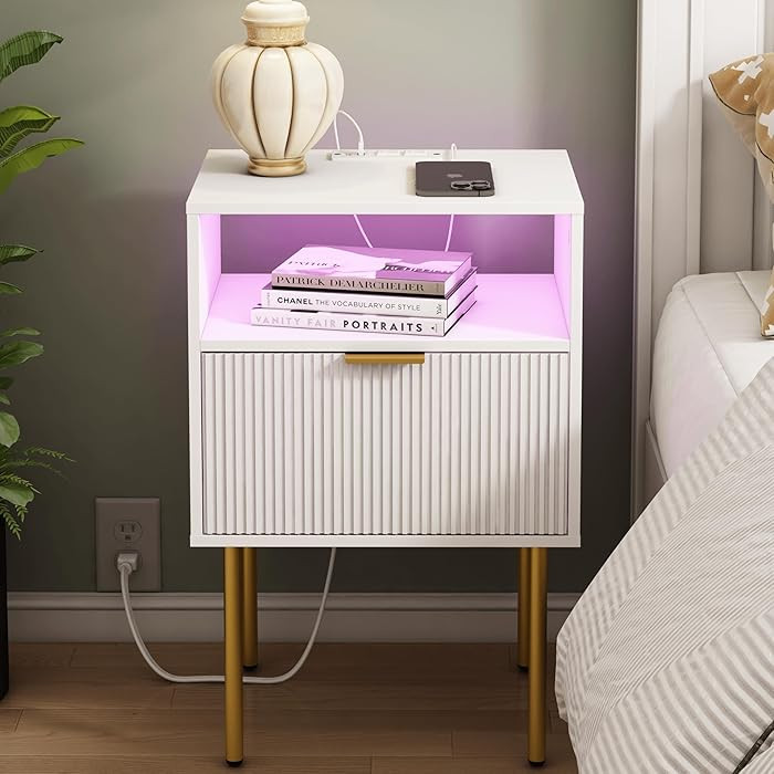 Modern Nightstand with Charging Station and LED Lights, White Bedside Table with Drawer, Fluted S... | Amazon (US)